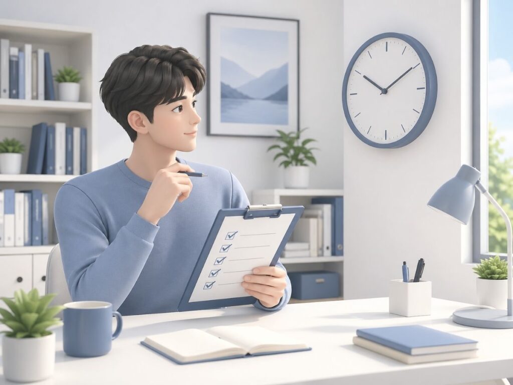 체크리스트를 보며 판단 기준을 정리하는 남성의 모습으로 책임 있는 게임과 자기 통제를 표현한 이미지