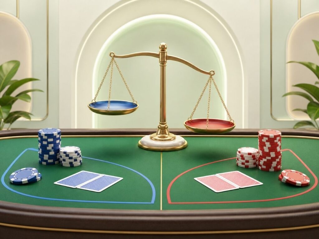 바카라는 50:50 게임일까를 상징하는 저울과 배팅 영역