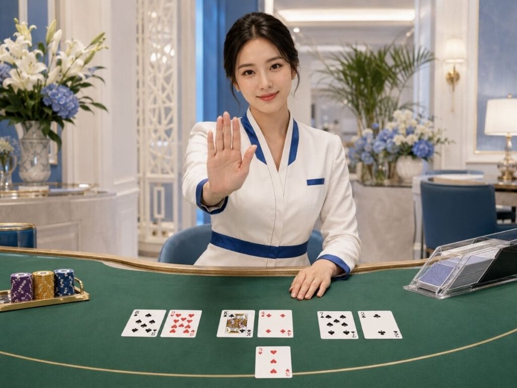 바카라 추가 카드 규칙 주의점을 안내하는 딜러와 카드 장면