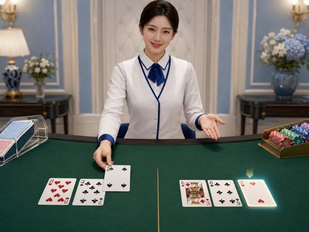 바카라 추가 카드 규칙이 필요한 이유를 보여주는 딜러와 카드 장면