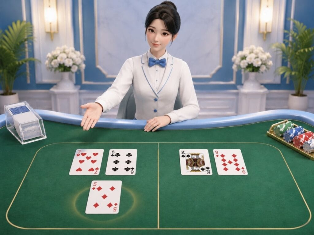 바카라 추가 카드 규칙을 설명하는 딜러와 세 번째 카드 장면