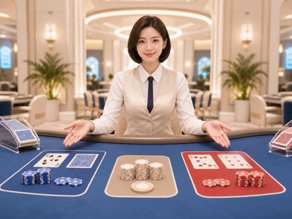 바카라 규칙의 뱅커·플레이어·타이 구조를 보여주는 카지노 테이블 장면