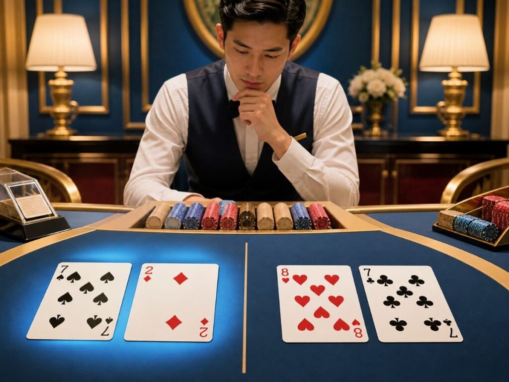 바카라 카드 점수 계산법에 따라 두 카드 결과를 비교하는 장면