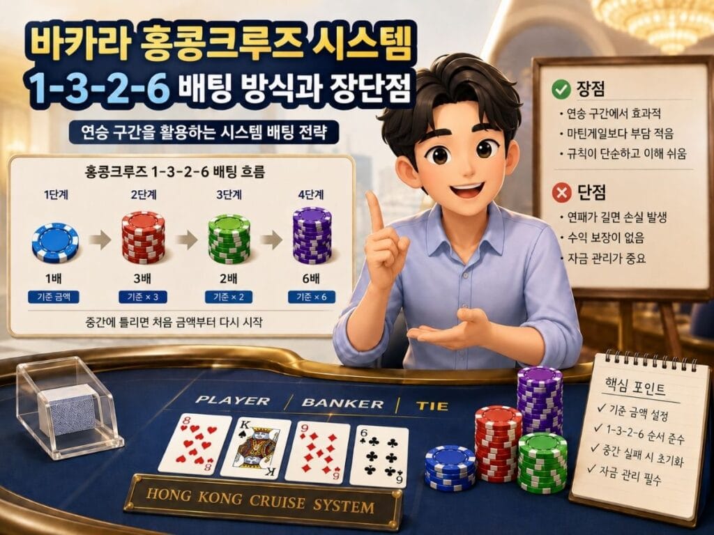 바카라 홍콩크루즈 시스템과 1-3-2-6 배팅 흐름을 설명하는 이미지