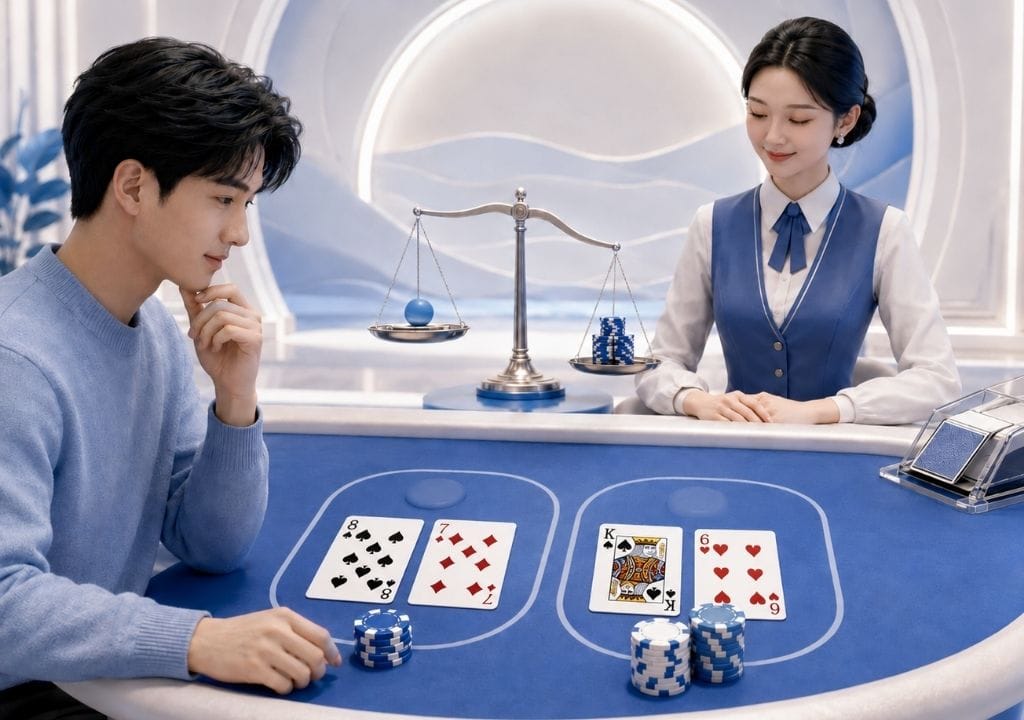 바카라 하우스 엣지를 상징하는 바카라 테이블과 기울어진 저울