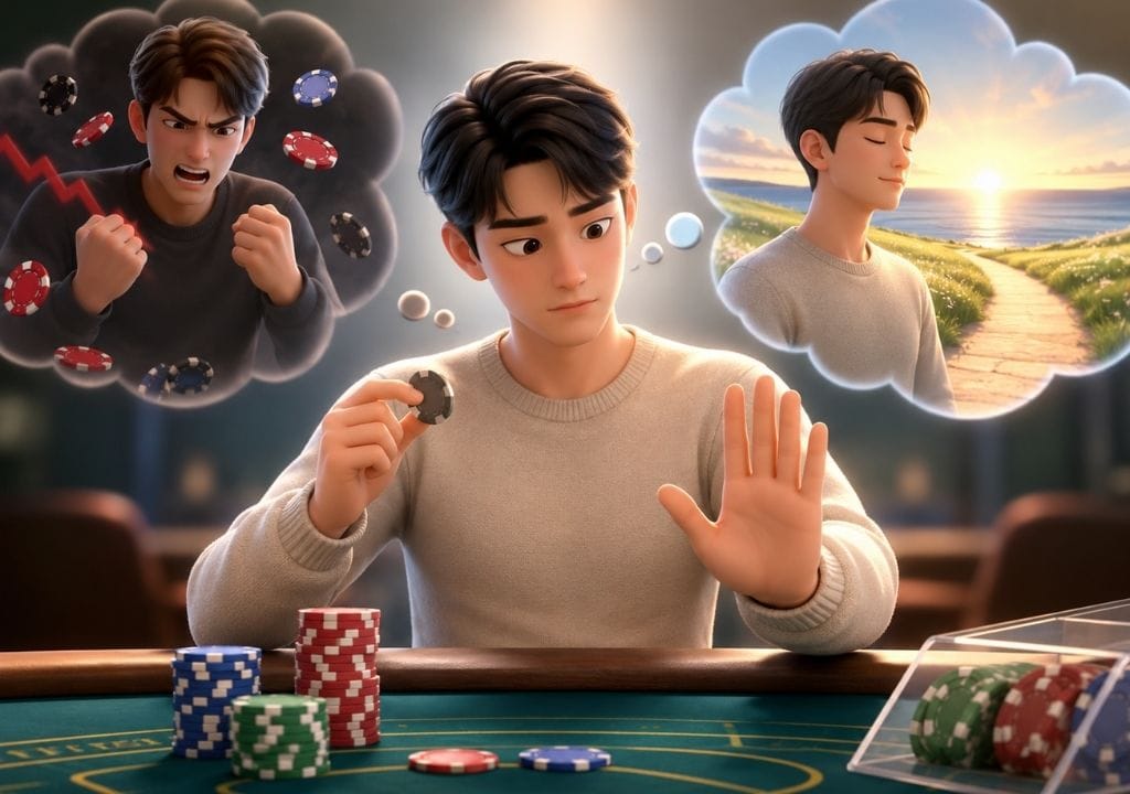 바카라 연패 상황에서 감정 배팅과 본전 심리를 조절하려는 플레이어 모습