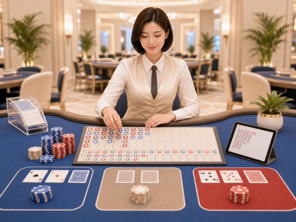 바카라 패턴 기록판에 결과 흐름을 정리하는 카지노 테이블 장면