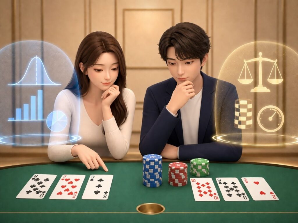 바카라 하는 법에서 확률과 배팅 판단을 고민하는 장면