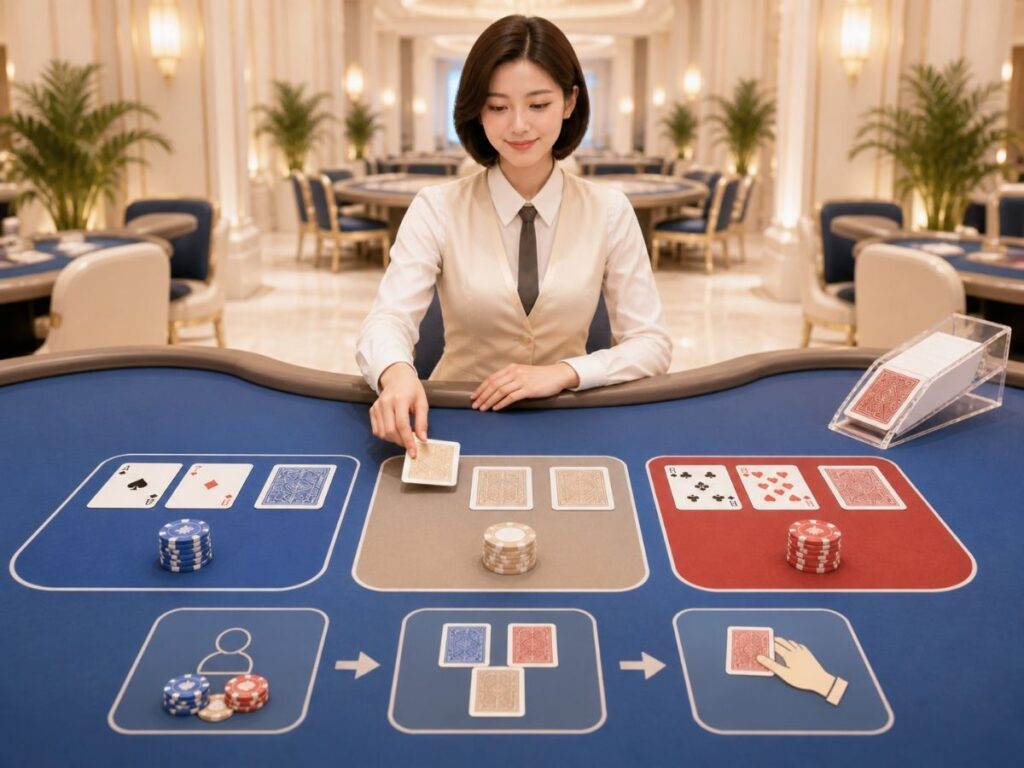 바카라 규칙의 진행 흐름을 보여주는 딜러와 카드 배치 장면
