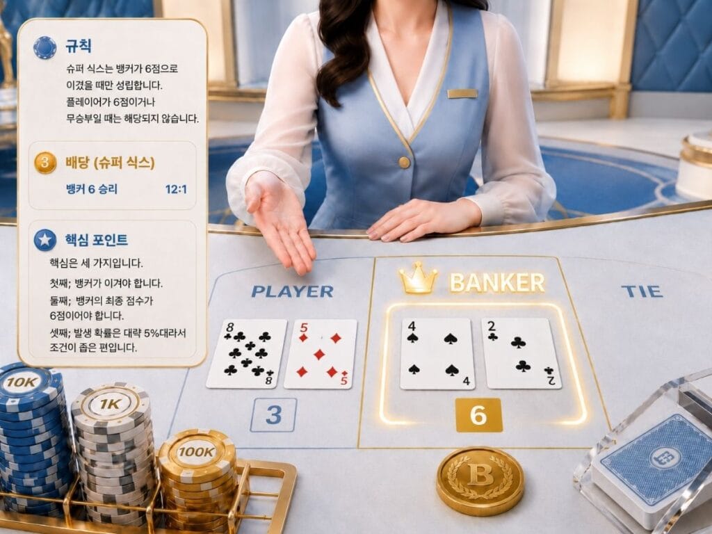 뱅커가 6점으로 승리한 바카라 슈퍼 식스 규칙 설명 장면