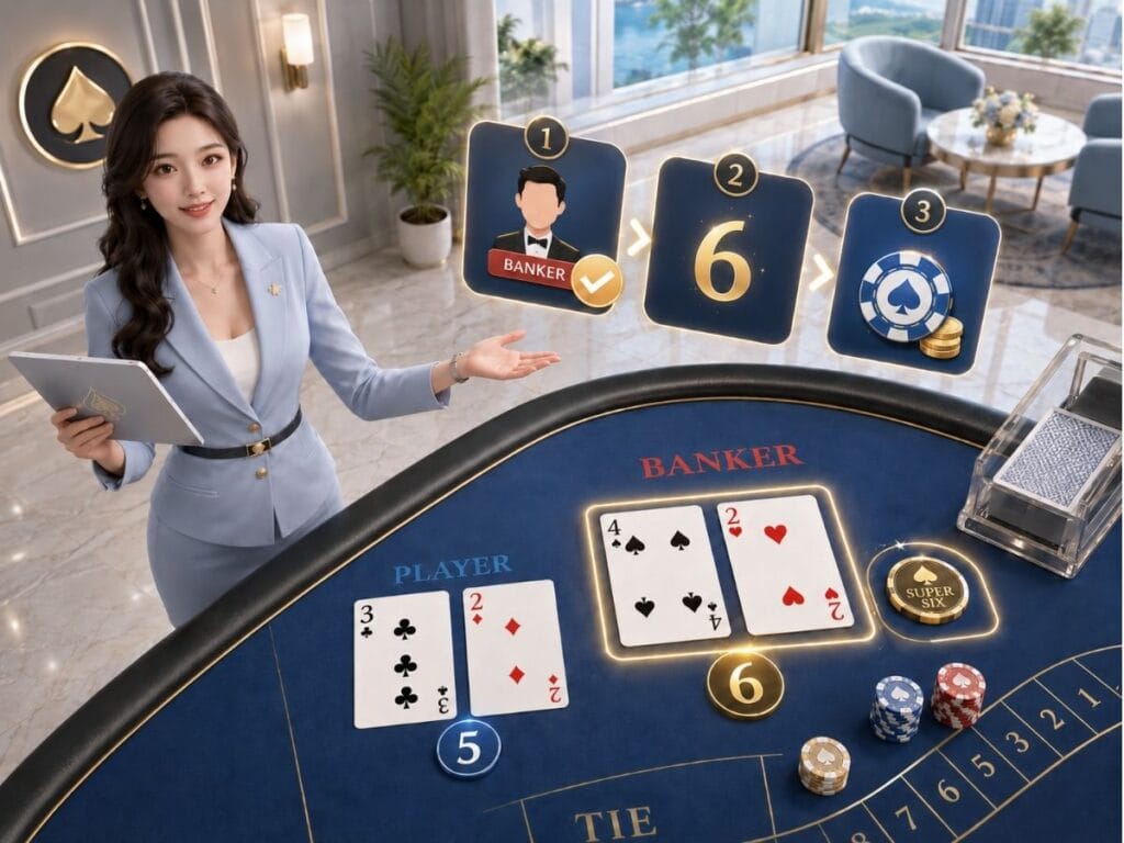뱅커 6점 승리 조건으로 슈퍼 식스 규칙을 설명하는 바카라 테이블