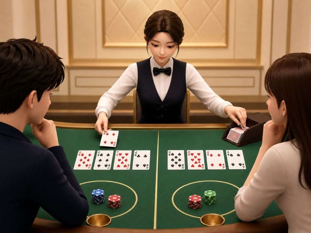바카라 하는 법에서 추가 카드가 규칙에 따라 나오는 장면