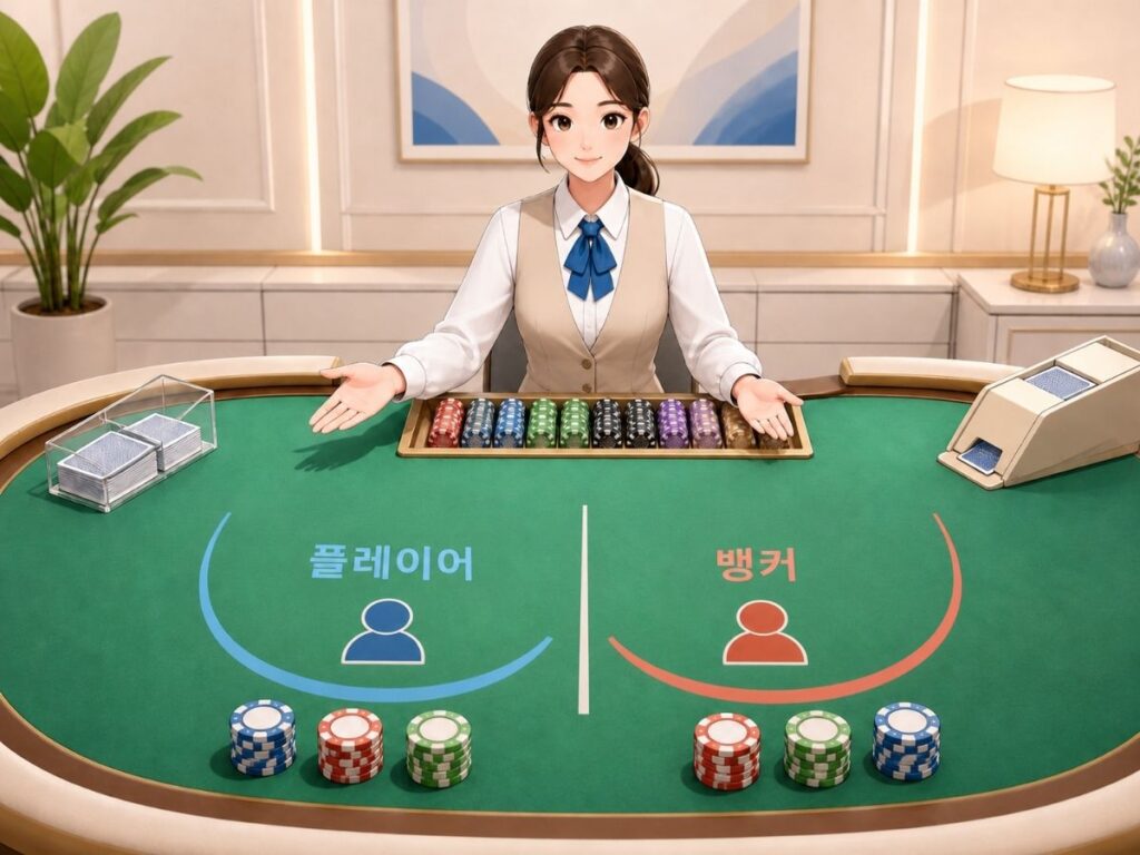 바카라란 페이지에서 플레이어와 뱅커 구조를 보여주는 테이블 장면