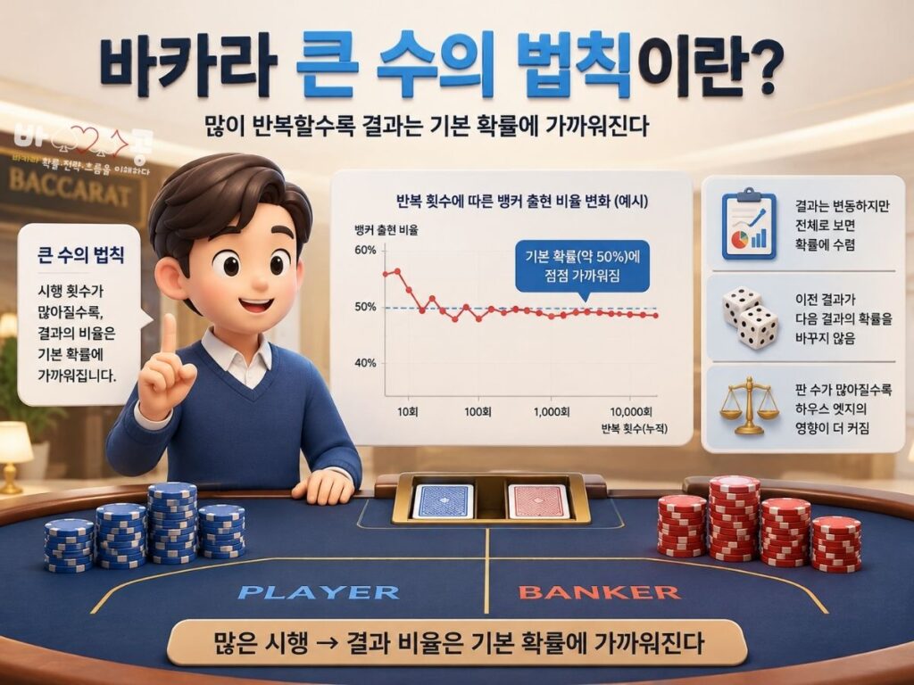 바카라 큰 수의 법칙을 확률 그래프와 바카라 테이블로 설명하는 장면