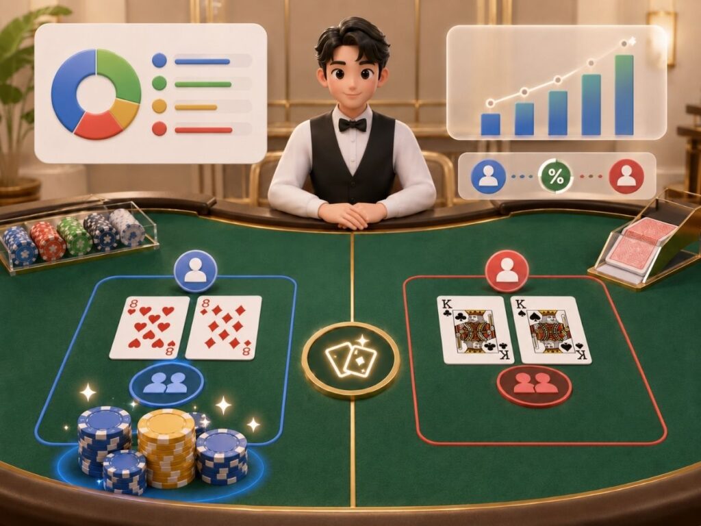 바카라 페어 확률과 배당 구조를 카드와 칩으로 표현한 장면