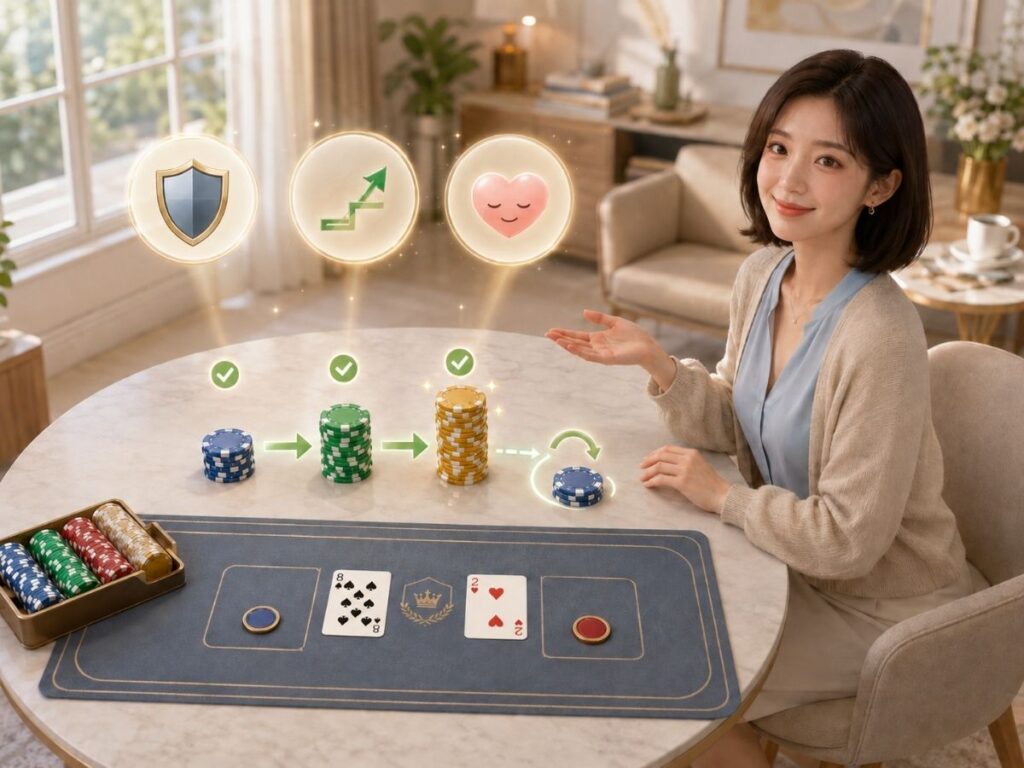 바카라 파로리 배팅의 장점을 보호 아이콘과 단계별 칩 증가 흐름으로 표현한 장면