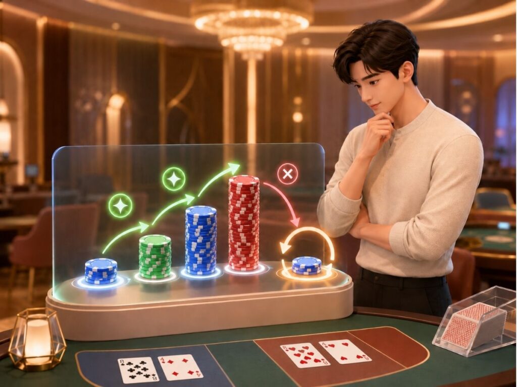 바카라 파로리 배팅에서 승리 후 금액이 올라가고 패배 후 처음 금액으로 돌아가는 흐름을 표현한 장면