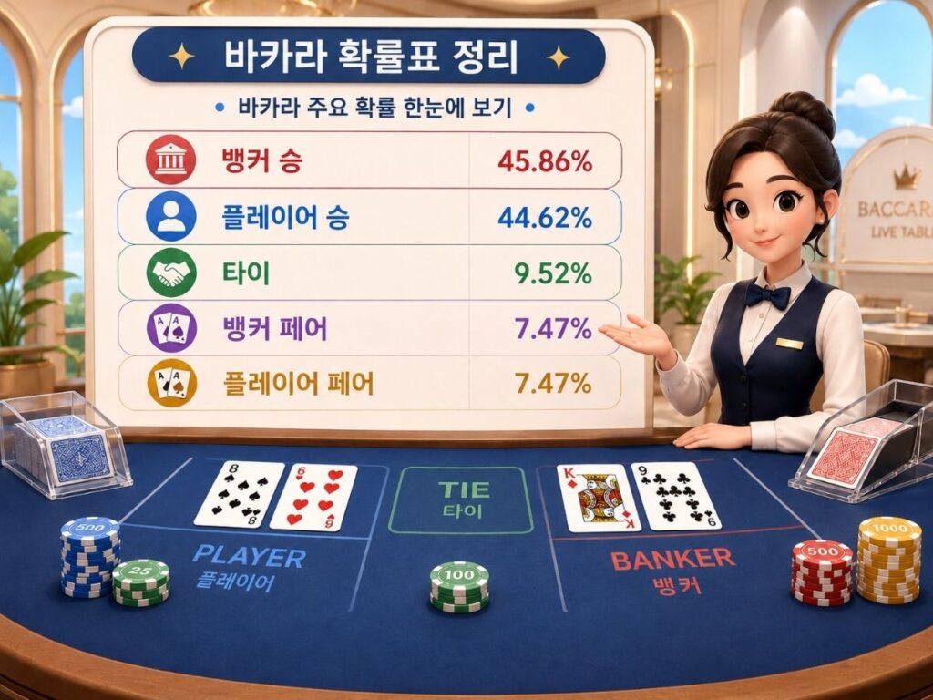 바카라 확률표와 뱅커·플레이어·타이 확률을 정리한 카지노 테이블