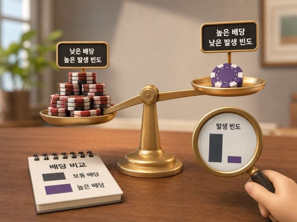 바카라 사이드 베팅의 높은 배당과 낮은 발생 빈도 관계를 저울과 카지노 칩으로 표현한 이미지