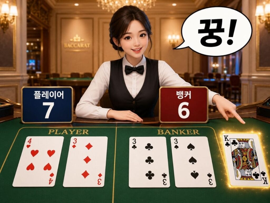 바카라 꿍 뜻을 보여주는 플레이어 7점과 뱅커 6점의 K 추가 카드 상황