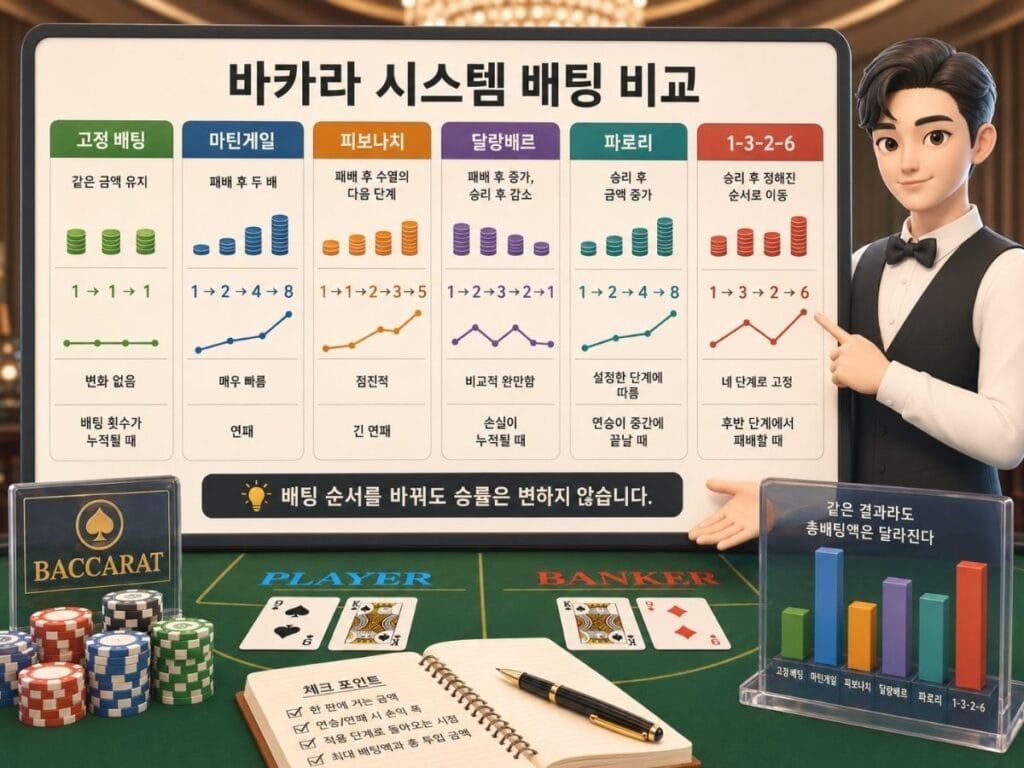 바카라 시스템 배팅 비교 이미지로 고정 배팅, 마틴게일, 피보나치, 달랑베르, 파로리, 1-3-2-6의 금액 변화 방식을 보여줍니다.