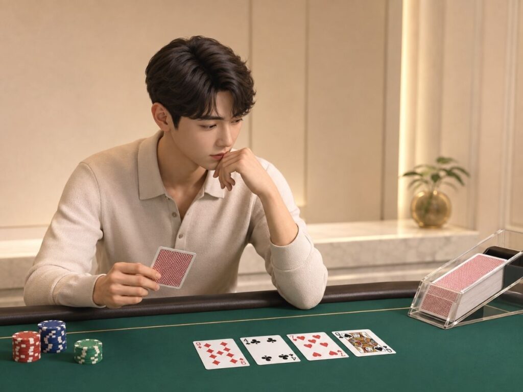 바카라 카드 카운팅을 위해 테이블 위 카드를 확인하는 모습