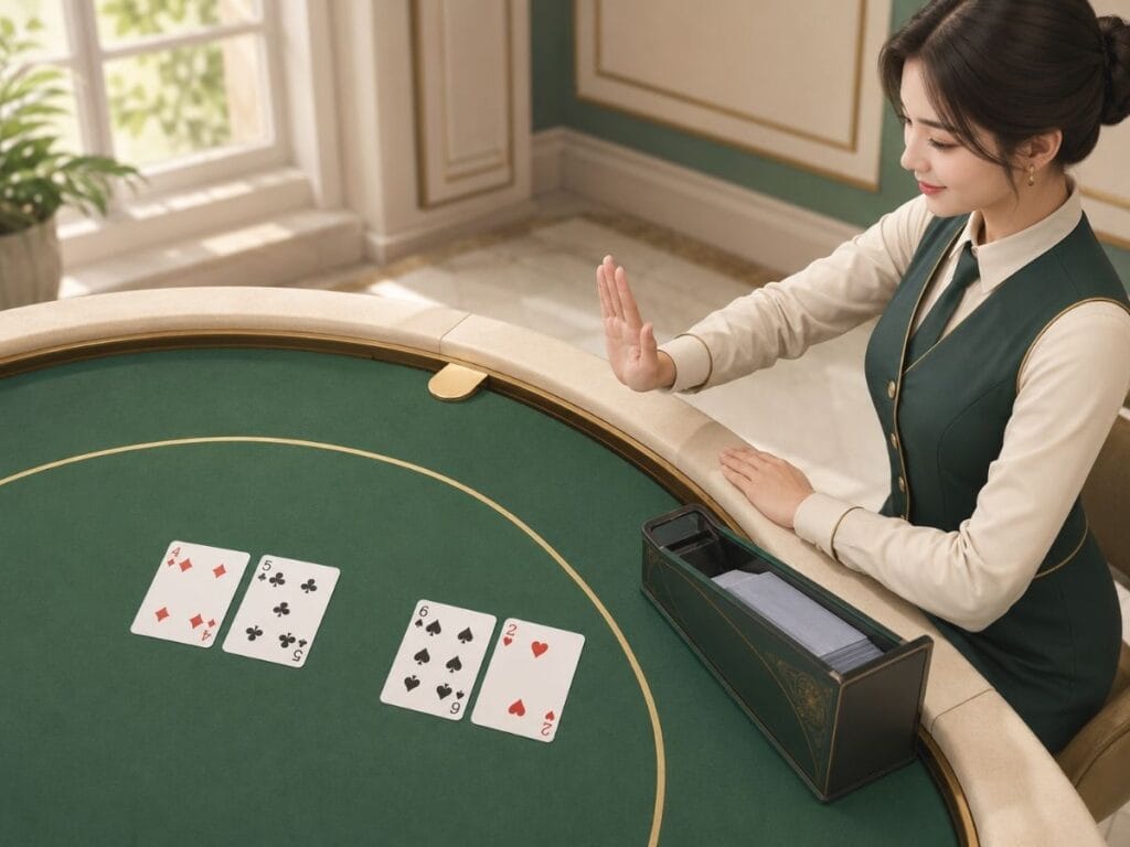 바카라 내추럴이 나온 뒤 추가 카드를 멈춘 딜러와 테이블 위 카드