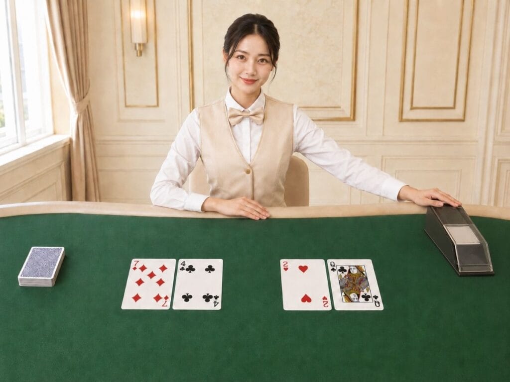 바카라 슈 옆에 놓인 딜러와 플레이어·뱅커 카드가 보이는 테이블