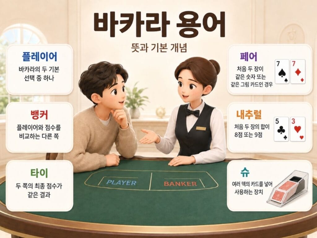 바카라 용어 뜻과 기본 개념을 플레이어, 뱅커, 타이, 페어, 내추럴, 슈로 보여주는 이미지